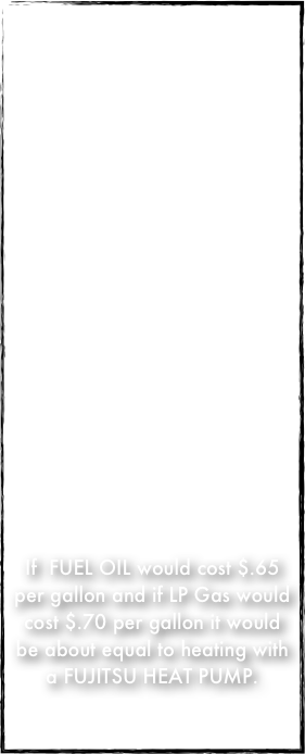 Ten cents of electricity amounts to one kilowatt, and 1KW of resistive heat is considered to be 100% efficient.  This is an EER rating of 3.4. 

Normal electric heaters will use electrical resistance to make heat with a metal, ceramic, or quartz element.  In this scenario, your ten cents will produce 3,400 BTU's of heat.

Our 9RLS3 has an EER rating of 18.0 that means you will get 18,000 BTU’s of heat that same 1KW of electricity. Thats five and a half times more heat
If  FUEL OIL would cost $.65 per gallon and if LP Gas would cost $.70 per gallon it would be about equal to heating with a FUJITSU HEAT PUMP.  